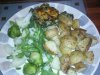 potato and spinich bake, with garlic roast pots and veg.jpg